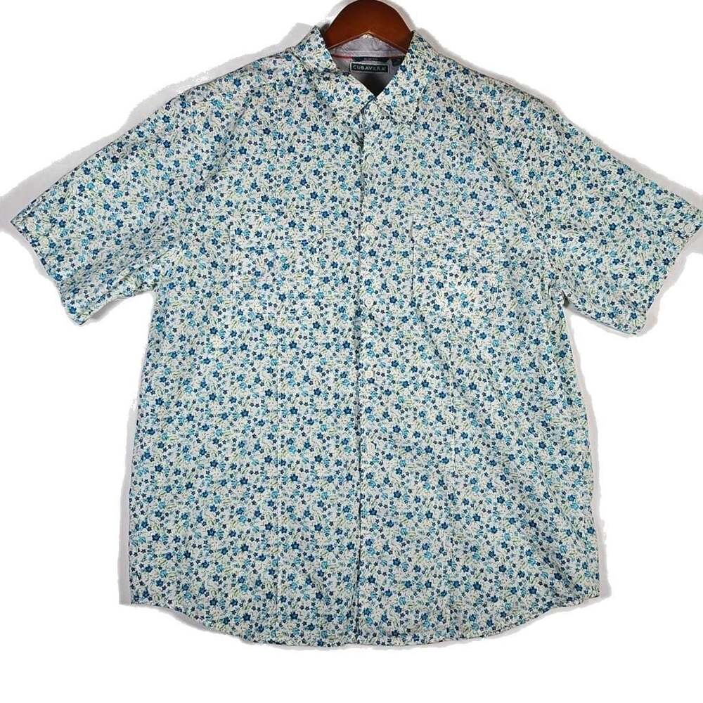 Cubavera Shirt L Men's Slim Fit White & Blue Floreal Print Cotton